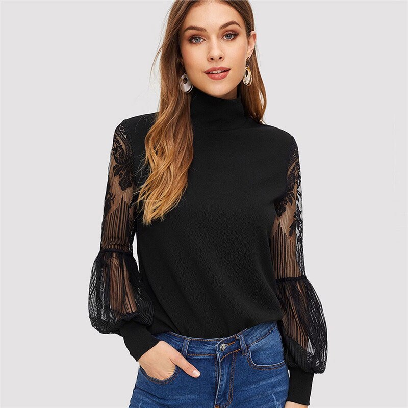 Women's Lace Inserts Design Black Blouse