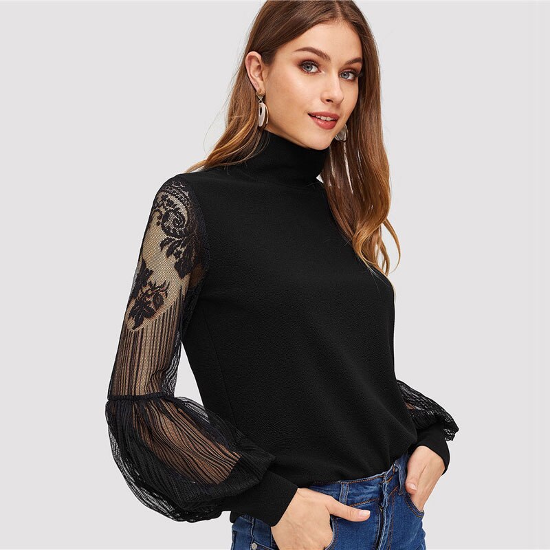 Women's Lace Inserts Design Black Blouse