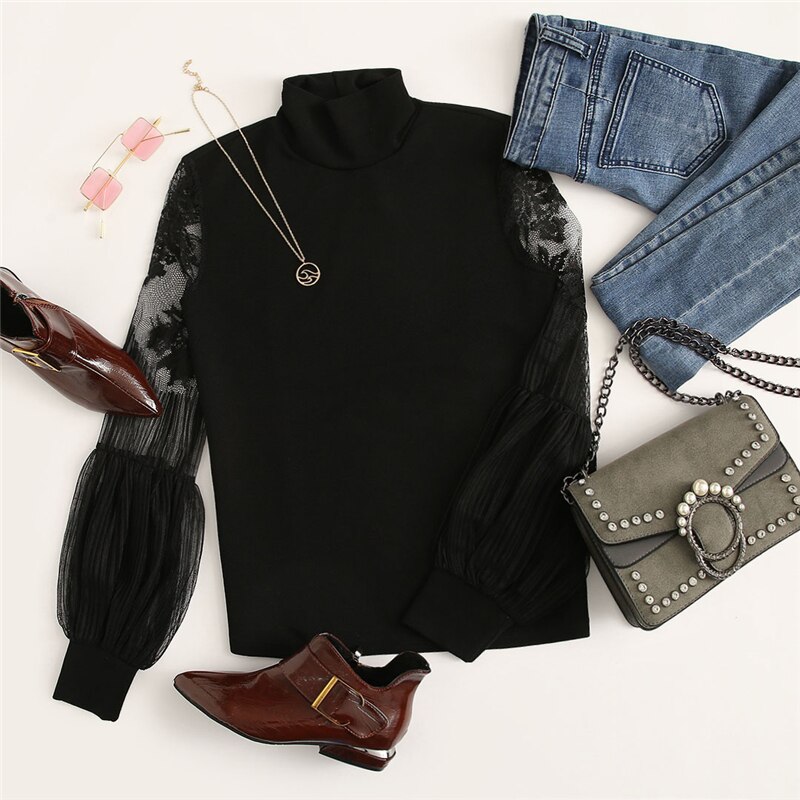 Women's Lace Inserts Design Black Blouse