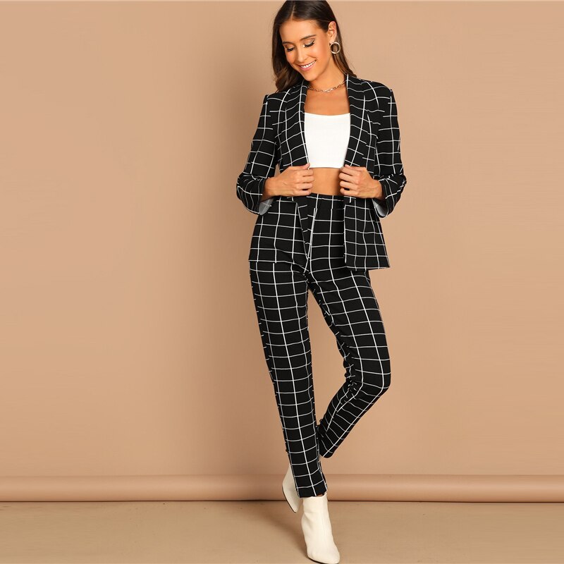 Women's Plaid Print Black Blazer and Pants Set