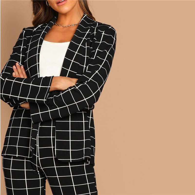 Women's Plaid Print Black Blazer and Pants Set