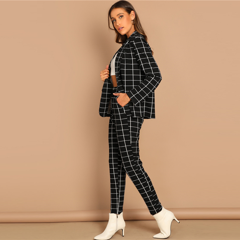 Women's Plaid Print Black Blazer and Pants Set