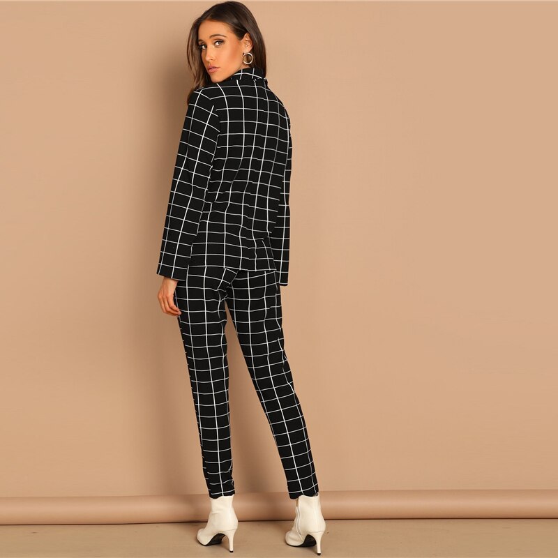 Women's Plaid Print Black Blazer and Pants Set