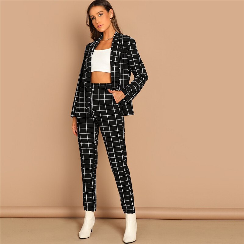 Women's Plaid Print Black Blazer and Pants Set